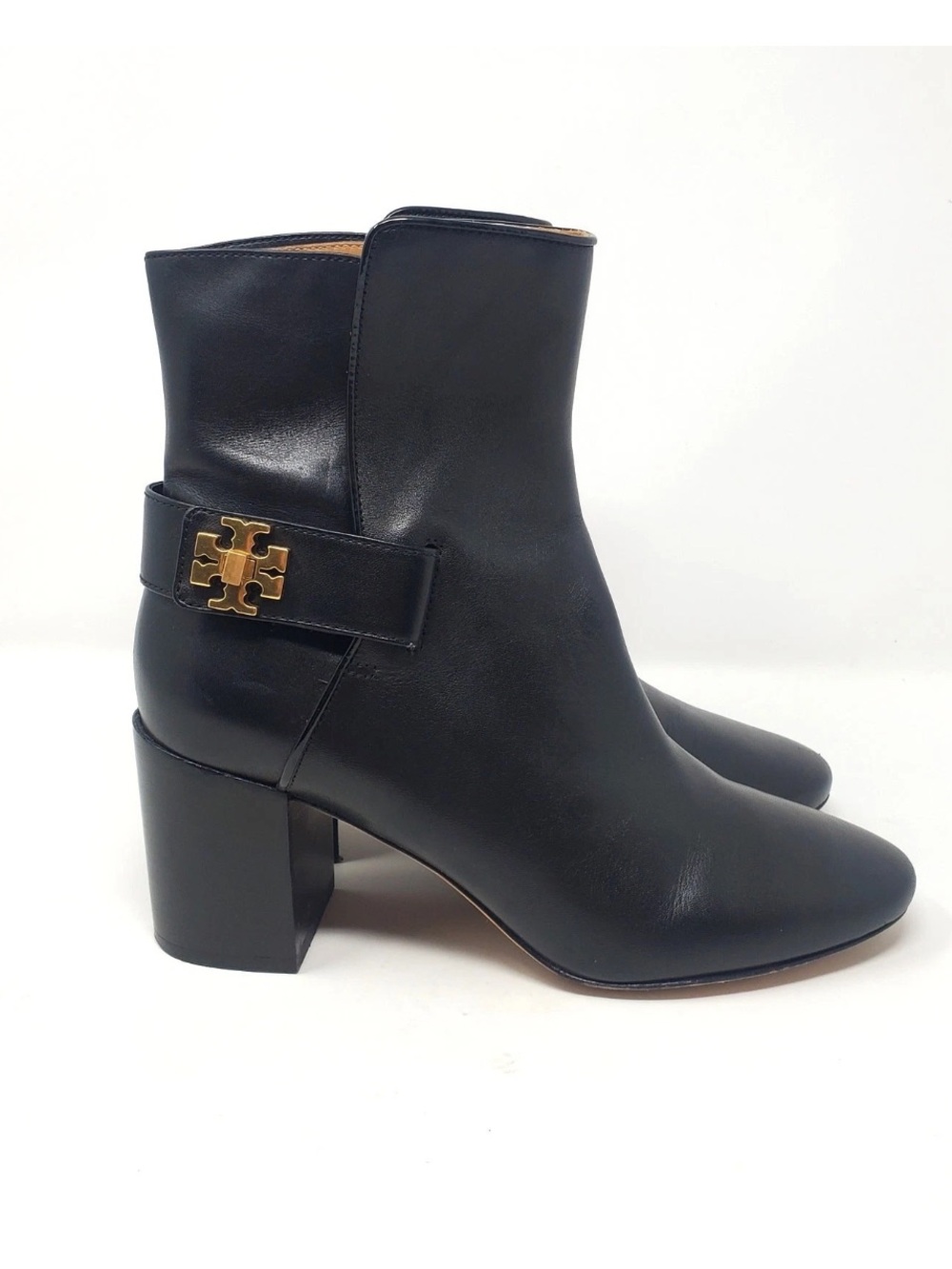 Tory Burch Kira 70MM Booties Leather Ankle Boots Black 59585 Sz 7.5 Gold Logo